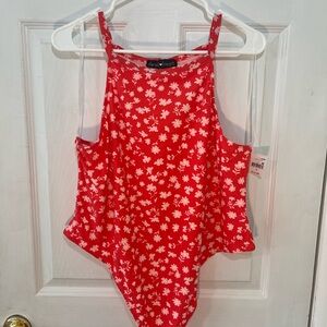 Derek Heart White and Pink Asymmetrical Peplum Bodysuit